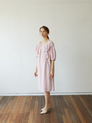 Elegant Linen Midi Dress with Puff Sleeves and Back Bow – Soft Relaxed Fit Women's Dress