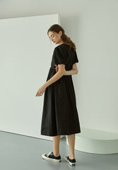 Cotton Poplin Midi Dress with Puff Sleeves, Gathered Waist, and Flowy A-Line Silhouette