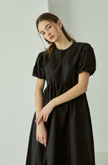 Cotton Poplin Midi Dress with Puff Sleeves, Gathered Waist, and Flowy A-Line Silhouette