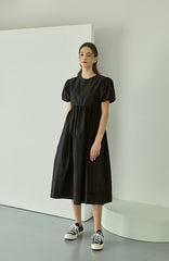 Cotton Poplin Midi Dress with Puff Sleeves, Gathered Waist, and Flowy A-Line Silhouette