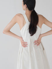 Sleeveless Square-Neck Midi Linen Dress with Flared Hem and Back Cross-Strap Detail