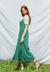 Button-Front Linen Midi Dress With Adjustable Straps And Fitted Bodice