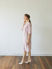 Elegant Linen Midi Dress with Puff Sleeves and Back Bow – Soft Relaxed Fit Women's Dress