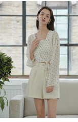 Lightweight Linen Blouse with Polka Dot Pattern and Ruffled Square Neckline