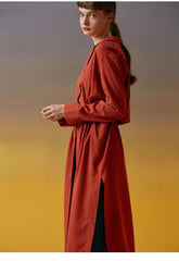 Women's Linen Button-Down Midi Dress with Lapel Collar and Waist Tie for Effortless Elegance
