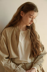 Women's Longline Linen Coat with Drawstring Waist, Cape Detail, and Button-Front Closure