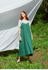 Button-Front Linen Midi Dress With Adjustable Straps And Fitted Bodice