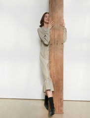 Long Sleeve Cotton Poplin Midi Dress with Button-Down Front, Drawstring Waist, and Ruffled Hem