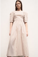 Women's Linen Puff Sleeve Midi Dress – Gathered Waist A-Line Dress with Round Neck