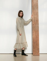 Long Sleeve Cotton Poplin Midi Dress with Button-Down Front, Drawstring Waist, and Ruffled Hem