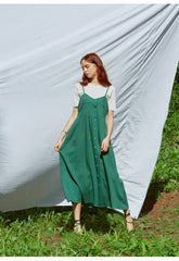 Button-Front Linen Midi Dress With Adjustable Straps And Fitted Bodice