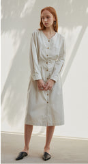 Women's Button-Down Midi Dress in Lightweight Linen with V-Neck and Elastic Back Waist Detail