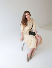 Button-Front Midi Linen Dress with Shirt Collar and Utility Pockets