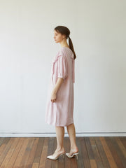 Elegant Linen Midi Dress with Puff Sleeves and Back Bow – Soft Relaxed Fit Women's Dress