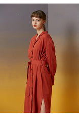 Women's Linen Button-Down Midi Dress with Lapel Collar and Waist Tie for Effortless Elegance