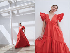 Ruffled Sleeve Linen Maxi Dress with Deep V-Neckline and Tiered Skirt