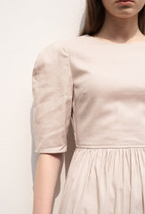 Women's Linen Puff Sleeve Midi Dress – Gathered Waist A-Line Dress with Round Neck