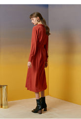 Women's Linen Button-Down Midi Dress with Lapel Collar and Waist Tie for Effortless Elegance