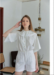 High-Rise Tailored Linen Shorts for Women With Embroidered Texture and Structured Silhouette