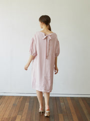 Elegant Linen Midi Dress with Puff Sleeves and Back Bow – Soft Relaxed Fit Women's Dress