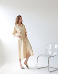 Button-Front Midi Linen Dress with Shirt Collar and Utility Pockets
