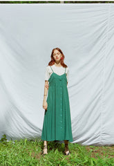 Button-Front Linen Midi Dress With Adjustable Straps And Fitted Bodice