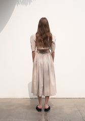 Women's Linen Puff Sleeve Midi Dress – Gathered Waist A-Line Dress with Round Neck