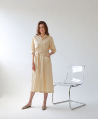 Button-Front Midi Linen Dress with Shirt Collar and Utility Pockets