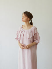 Elegant Linen Midi Dress with Puff Sleeves and Back Bow – Soft Relaxed Fit Women's Dress