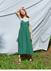Button-Front Linen Midi Dress With Adjustable Straps And Fitted Bodice