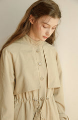 Women's Longline Linen Coat with Drawstring Waist, Cape Detail, and Button-Front Closure
