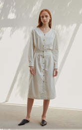 Women's Button-Down Midi Dress in Lightweight Linen with V-Neck and Elastic Back Waist Detail