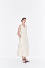 Sleeveless Linen Midi Dress for Women with V-Neckline and Draped Waist Detail – Flared Skirt