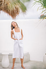 Square Neck Linen Midi Dress with Wide Straps and Side Pockets
