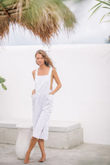 Square Neck Linen Midi Dress with Wide Straps and Side Pockets