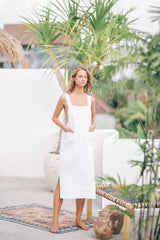 Square Neck Linen Midi Dress with Wide Straps and Side Pockets