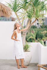 Square Neck Linen Midi Dress with Wide Straps and Side Pockets