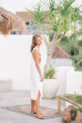 Square Neck Linen Midi Dress with Wide Straps and Side Pockets