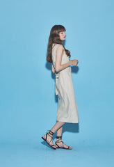 Sleeveless Button-Front Linen Midi Dress With Waist Tie And V-Neckline Detail
