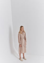 Beige Linen Wrap Midi Dress with Long Sleeves, Collared Neckline, and Waist Tie Detail