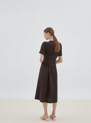 Button-Front Midi Linen Dress with V-Neckline and Tailored Waist for Elegant Feminine Style