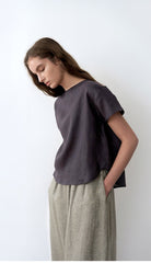 Boxy Short-Sleeve Linen Blouse With Boat Neckline And Back Yoke For Relaxed Structure
