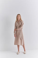 Beige Linen Wrap Midi Dress with Long Sleeves, Collared Neckline, and Waist Tie Detail