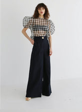 High-Waisted Wide-Leg Linen Pants With Front Pleats and Statement Button Detail