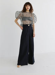 High-Waisted Wide-Leg Linen Pants With Front Pleats and Statement Button Detail