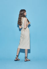 Sleeveless Button-Front Linen Midi Dress With Waist Tie And V-Neckline Detail