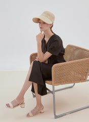 Button-Front Midi Linen Dress with V-Neckline and Tailored Waist for Elegant Feminine Style