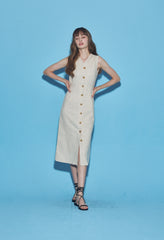Sleeveless Button-Front Linen Midi Dress With Waist Tie And V-Neckline Detail