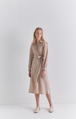 Beige Linen Wrap Midi Dress with Long Sleeves, Collared Neckline, and Waist Tie Detail