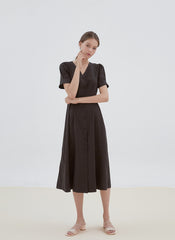 Button-Front Midi Linen Dress with V-Neckline and Tailored Waist for Elegant Feminine Style
